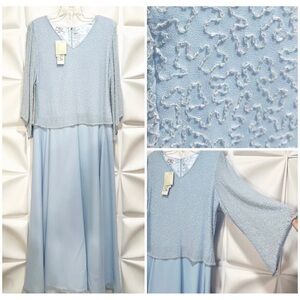 Jkara Sz 10P Ice Blue Long Formal Beaded Gown Dress V Neck NEW